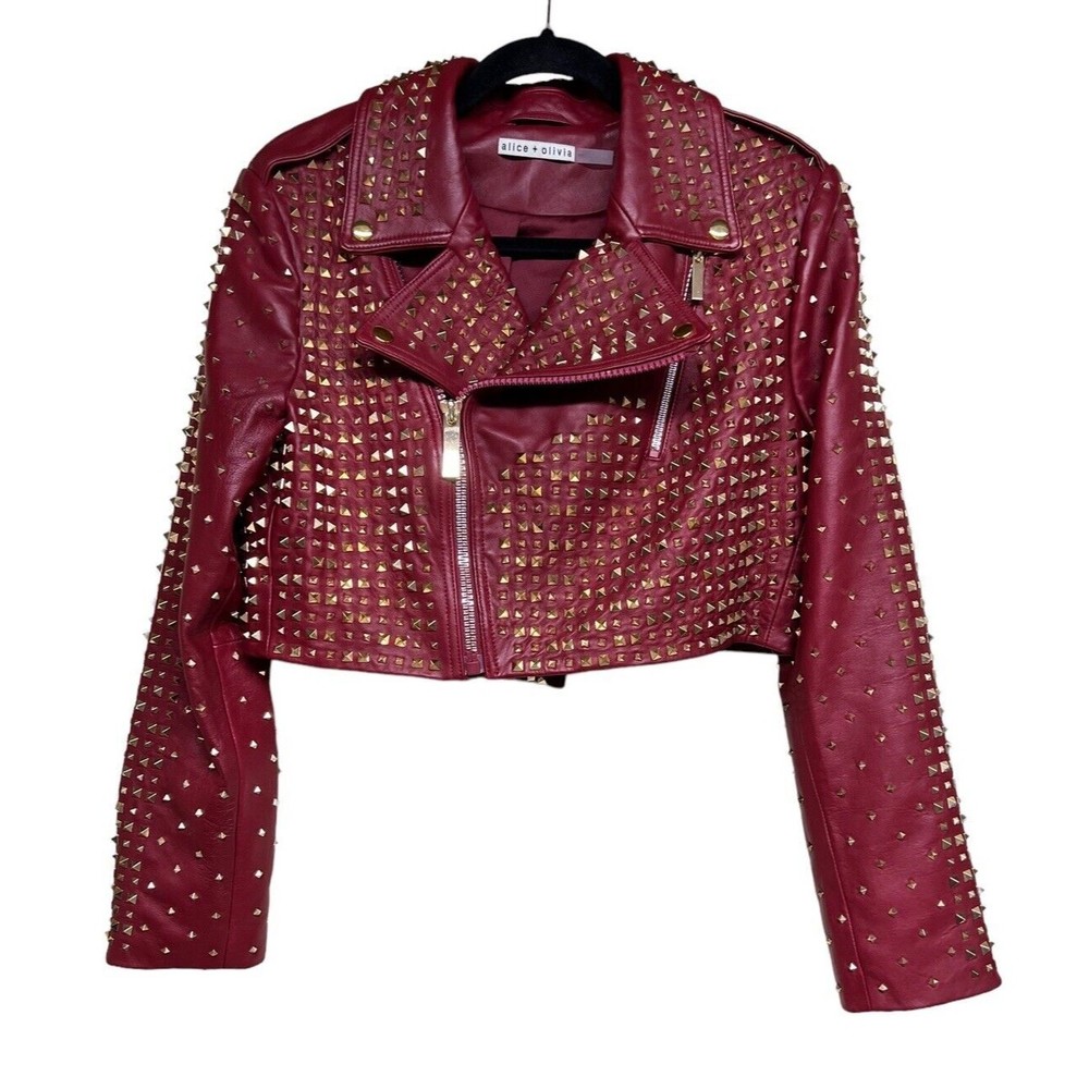 Alice + Olivia Krishna Leather Cropped Moto Jacket Bordeaux Women’s Size XL